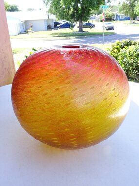 Signed Yard Art Orange Gazing Globe Glass Ball 8.5" x 9"